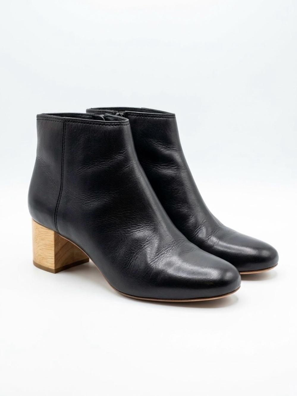 Madewell Black Leather Wood Block Heel Ankle Booties Size 10 Side Zip Minimalist
